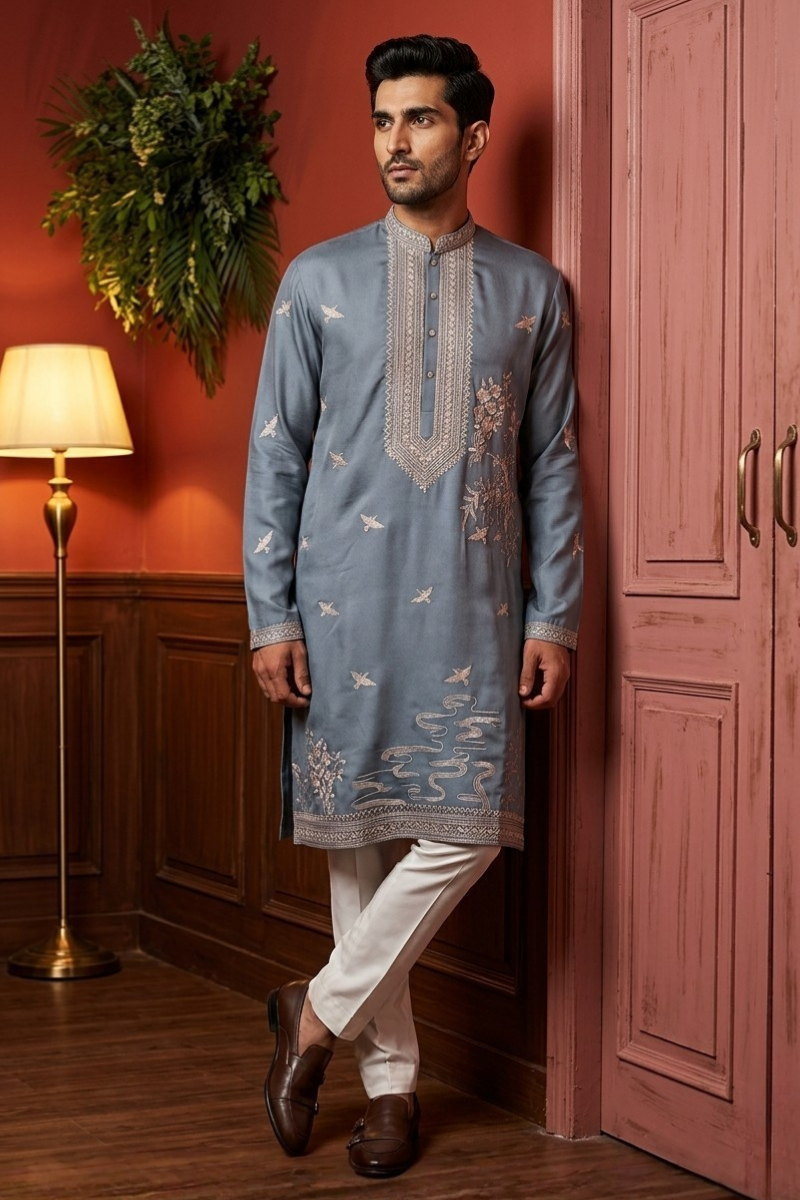Grey colour kurta top with thread work and pant