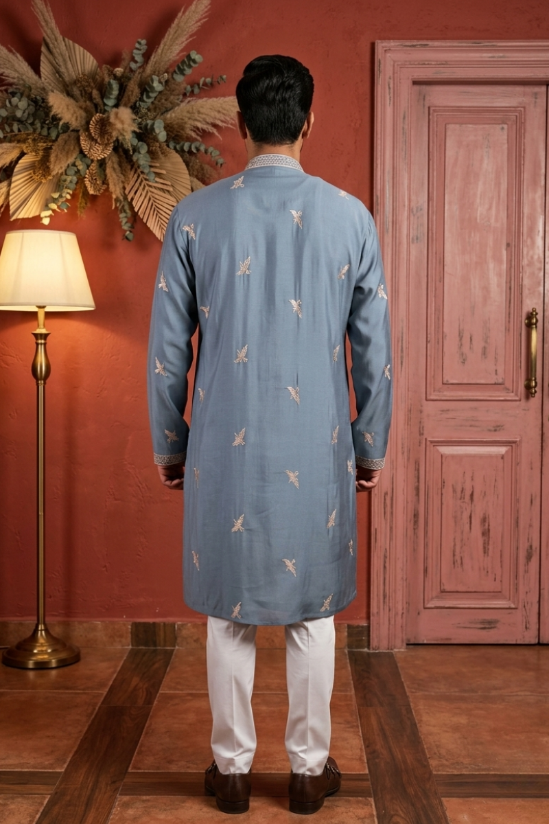 Grey colour kurta top with thread work and pant