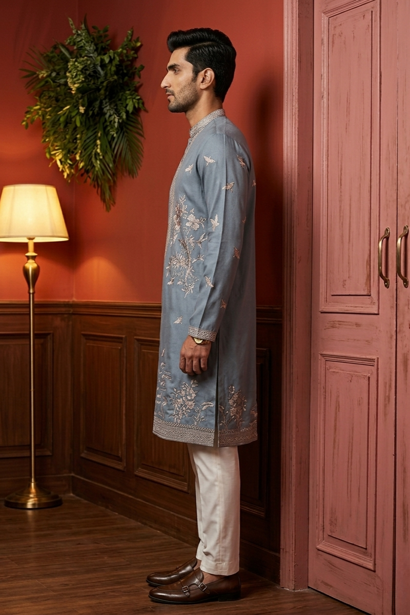 Grey colour kurta top with thread work and pant