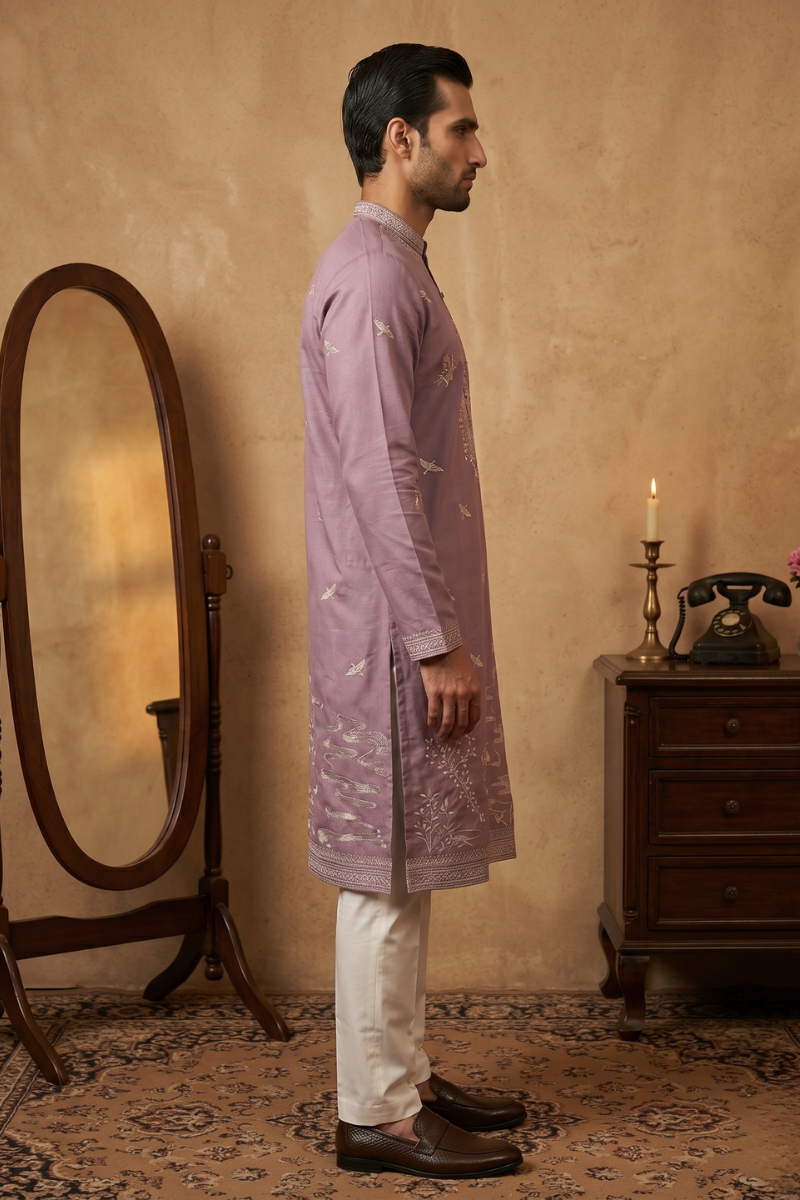 Purple colour kurta top with thread work with pant