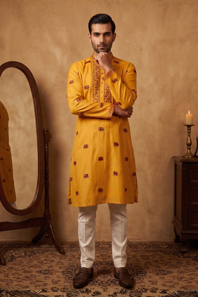 Yellow kurta top with thread work and elephant design and pant