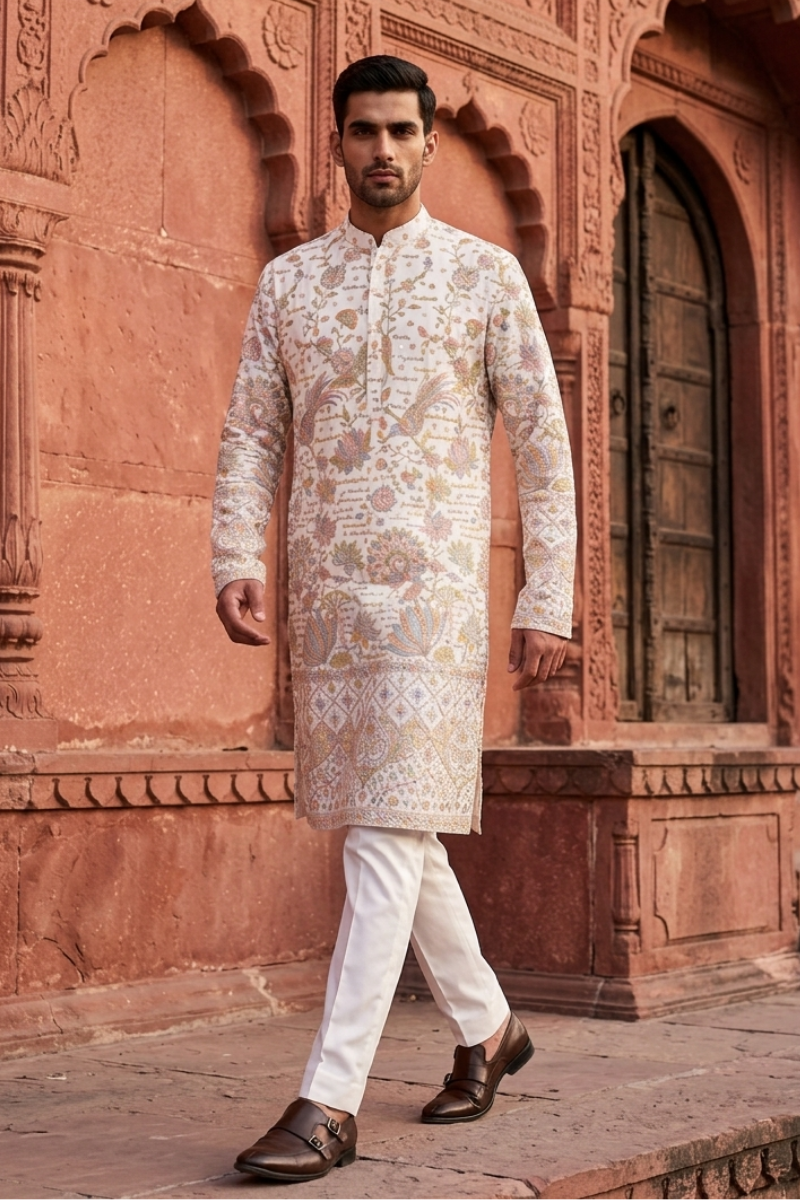 White colour kurta top with allover thread work and embroidery with pant