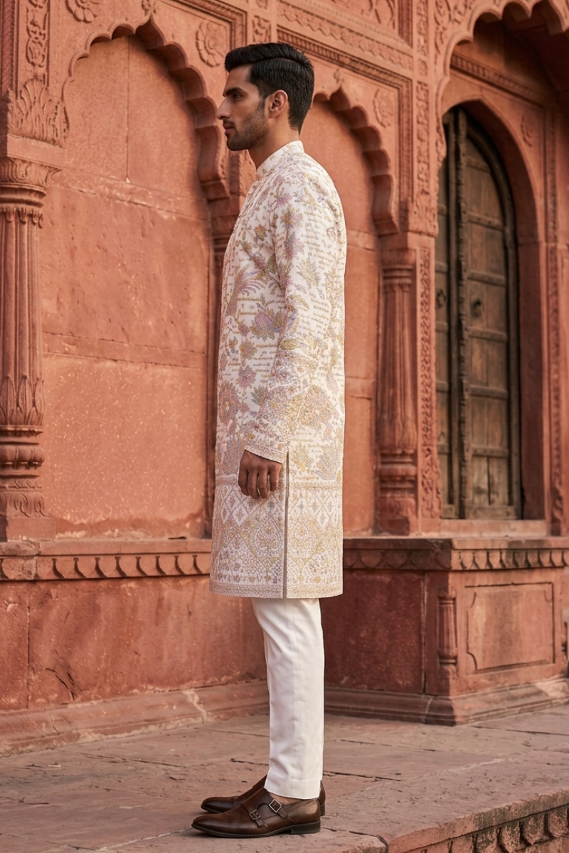 White colour kurta top with allover thread work and embroidery with pant