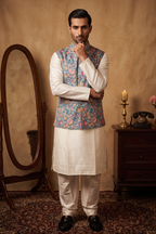Teal blue colour with printed floral design bundi