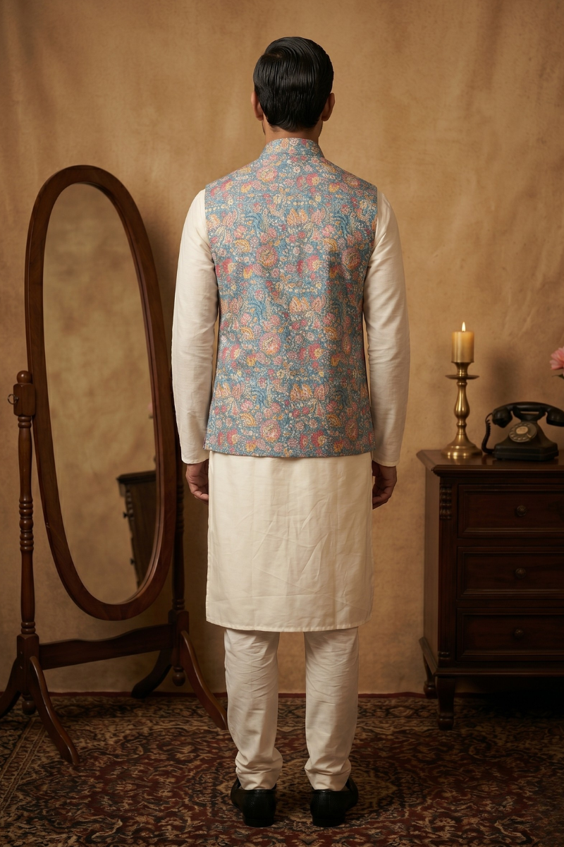 Teal blue colour with printed floral design bundi