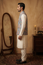 Teal blue colour with printed floral design bundi