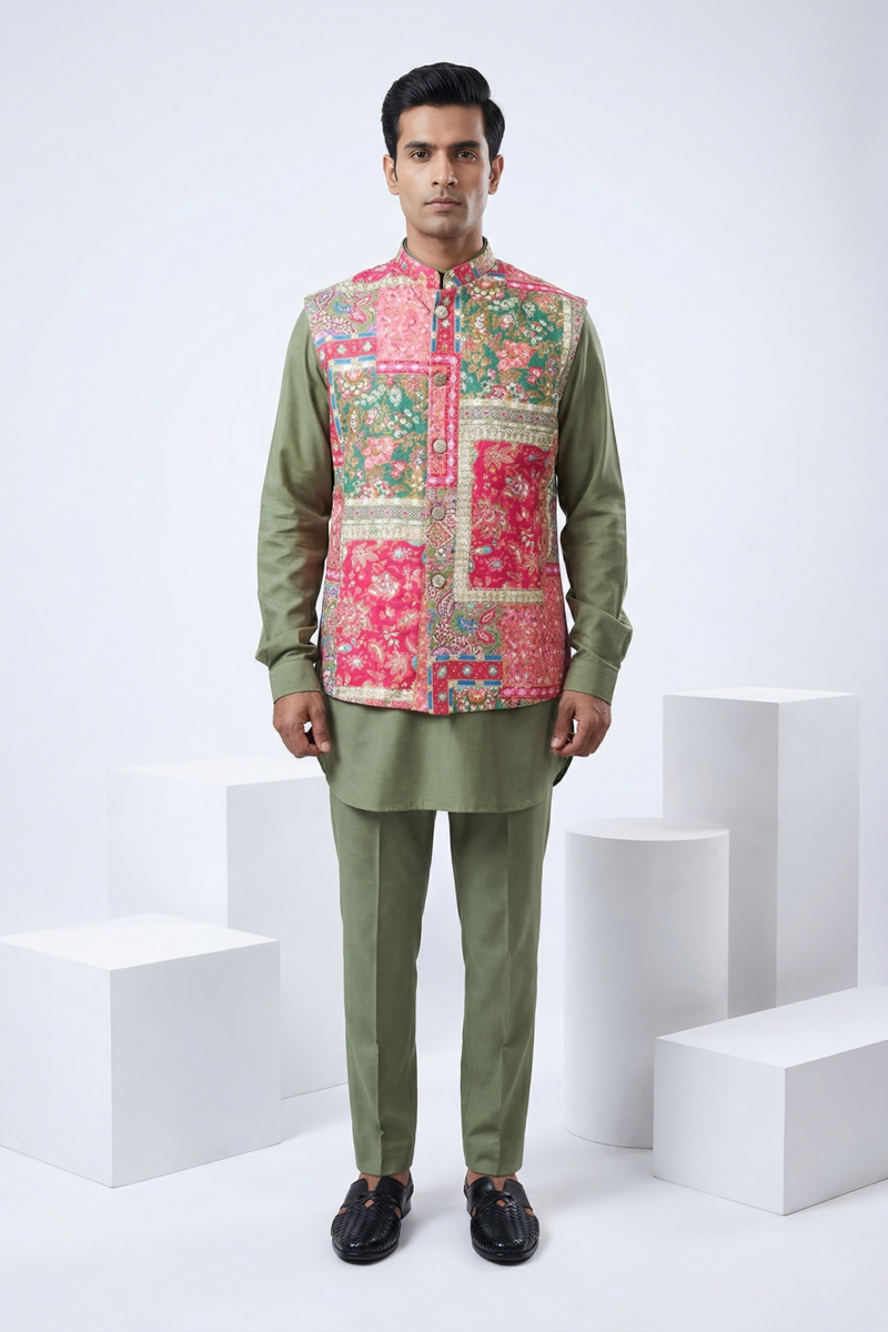 Plain mehndi colour kurta set with mirror work and embroidered jacket