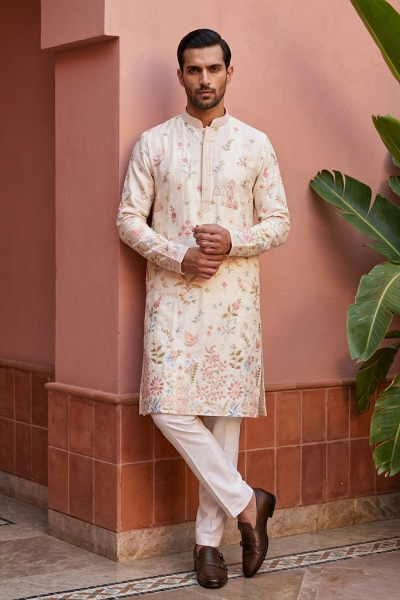White colour kurta top with thread work and pant