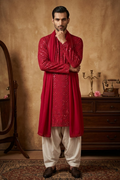 Rani colour kurta pant  and dupatta with allover thread and mirror work