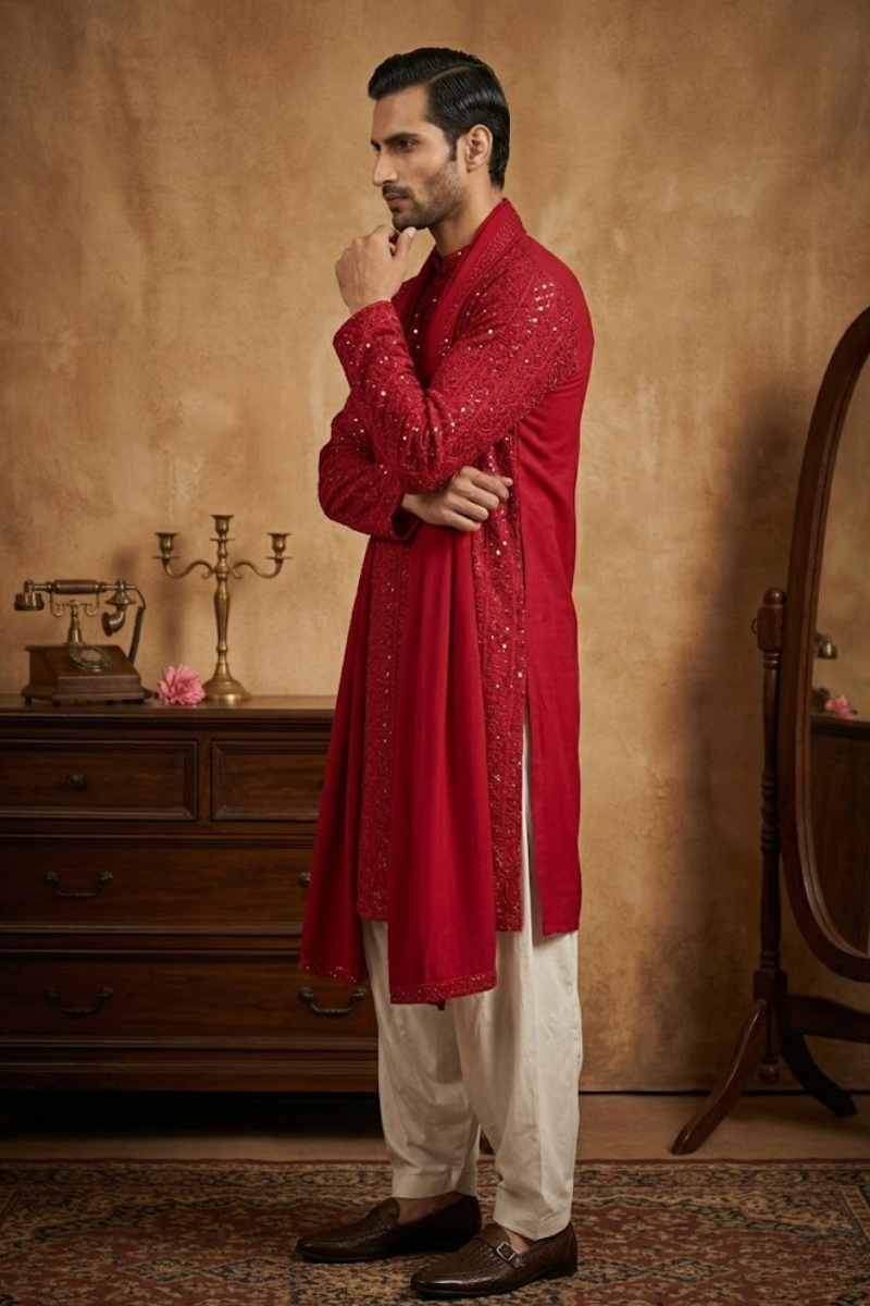 Rani colour kurta pant  and dupatta with allover thread and mirror work