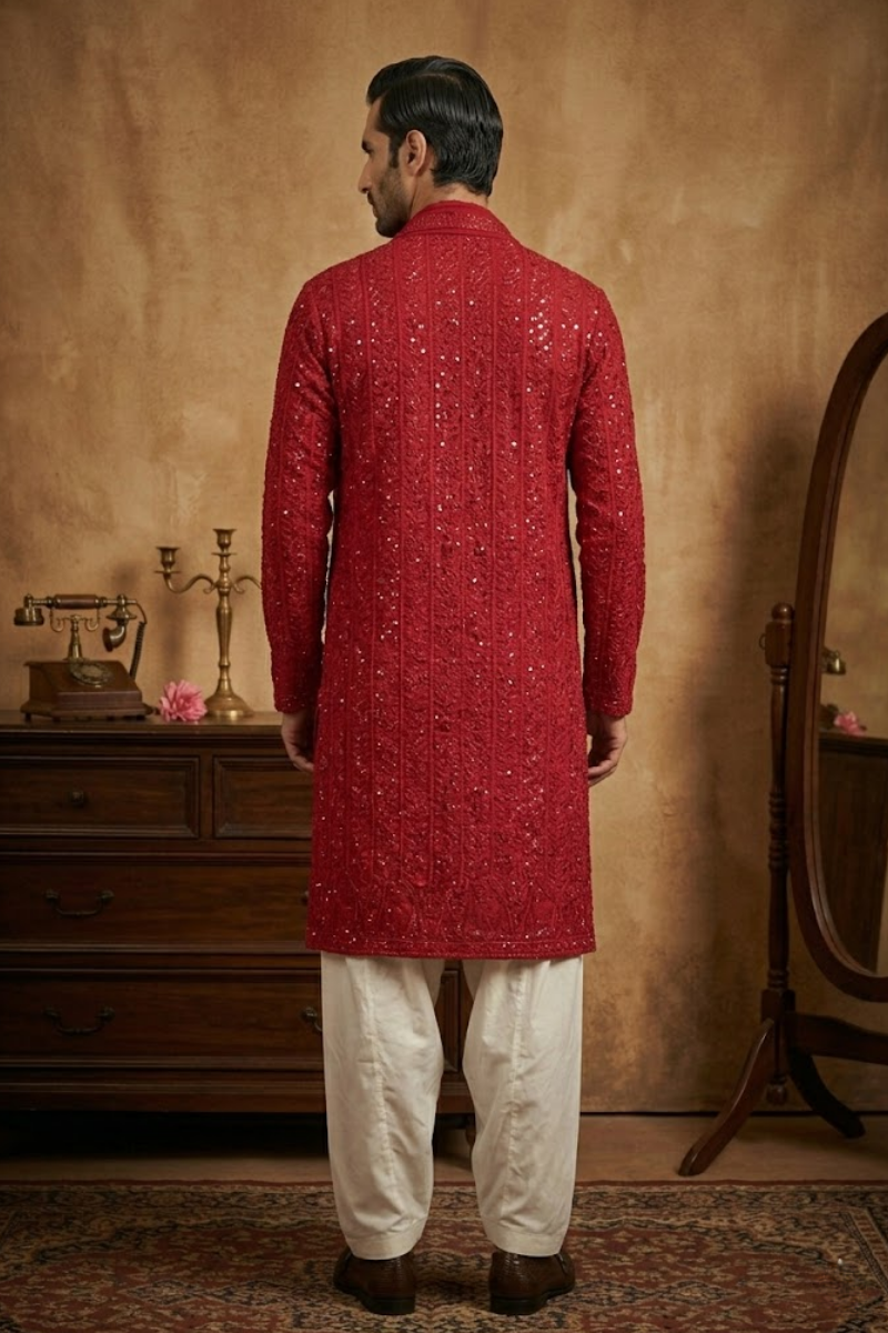 Rani colour kurta pant  and dupatta with allover thread and mirror work