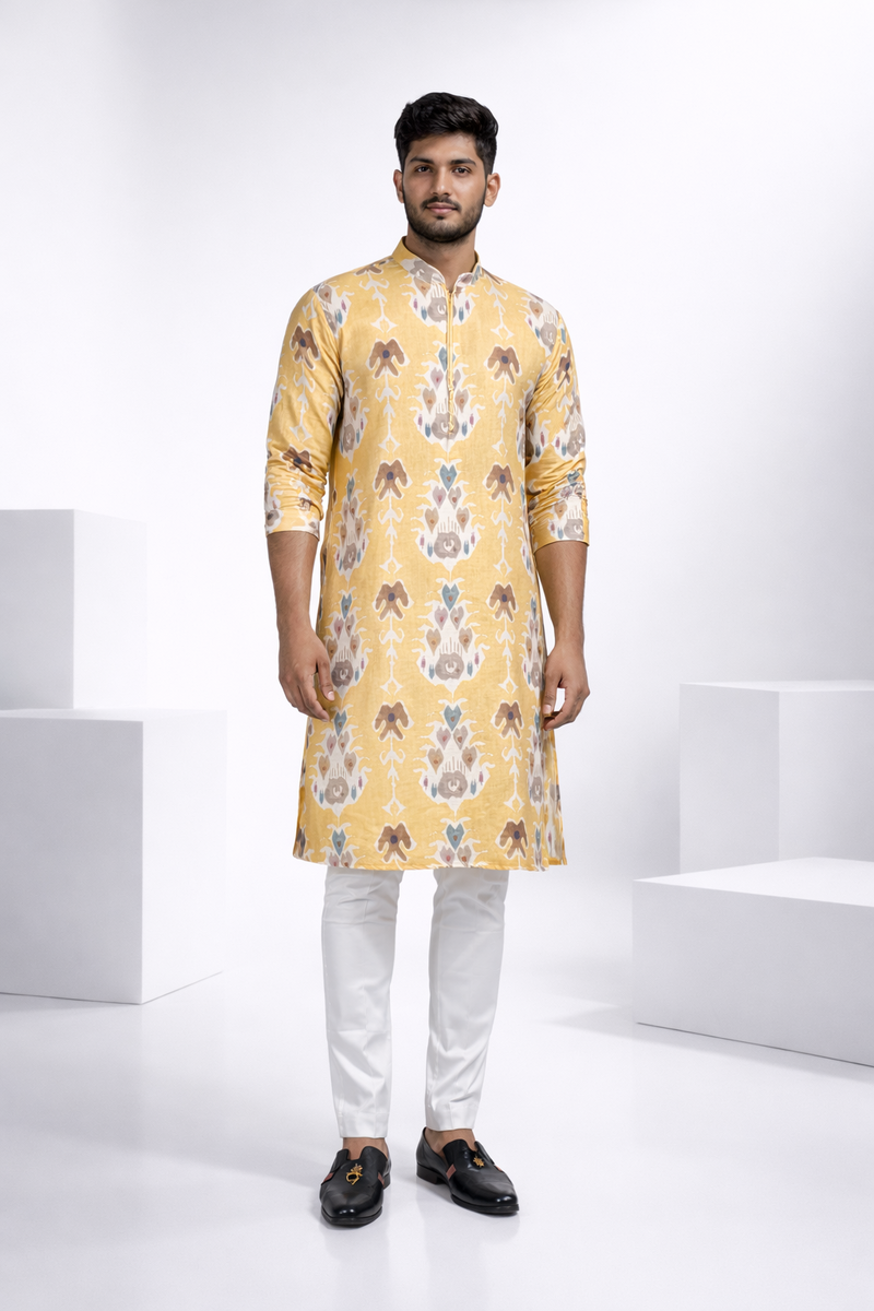 Yellow printed cotton blend kurta top with a half zipper