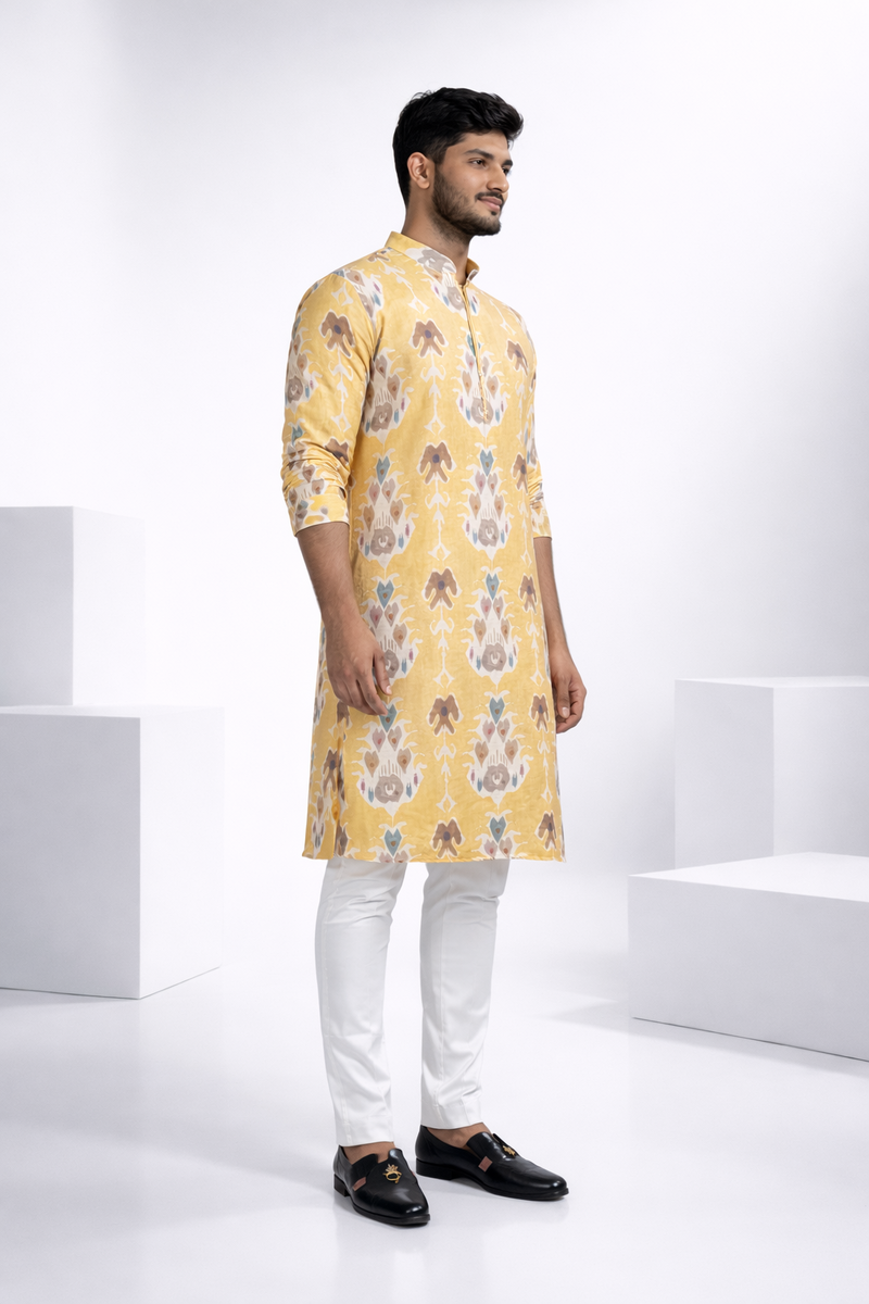 Yellow printed cotton blend kurta top with a half zipper
