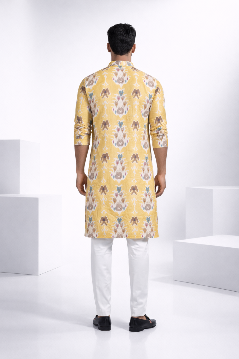Yellow printed cotton blend kurta top with a half zipper