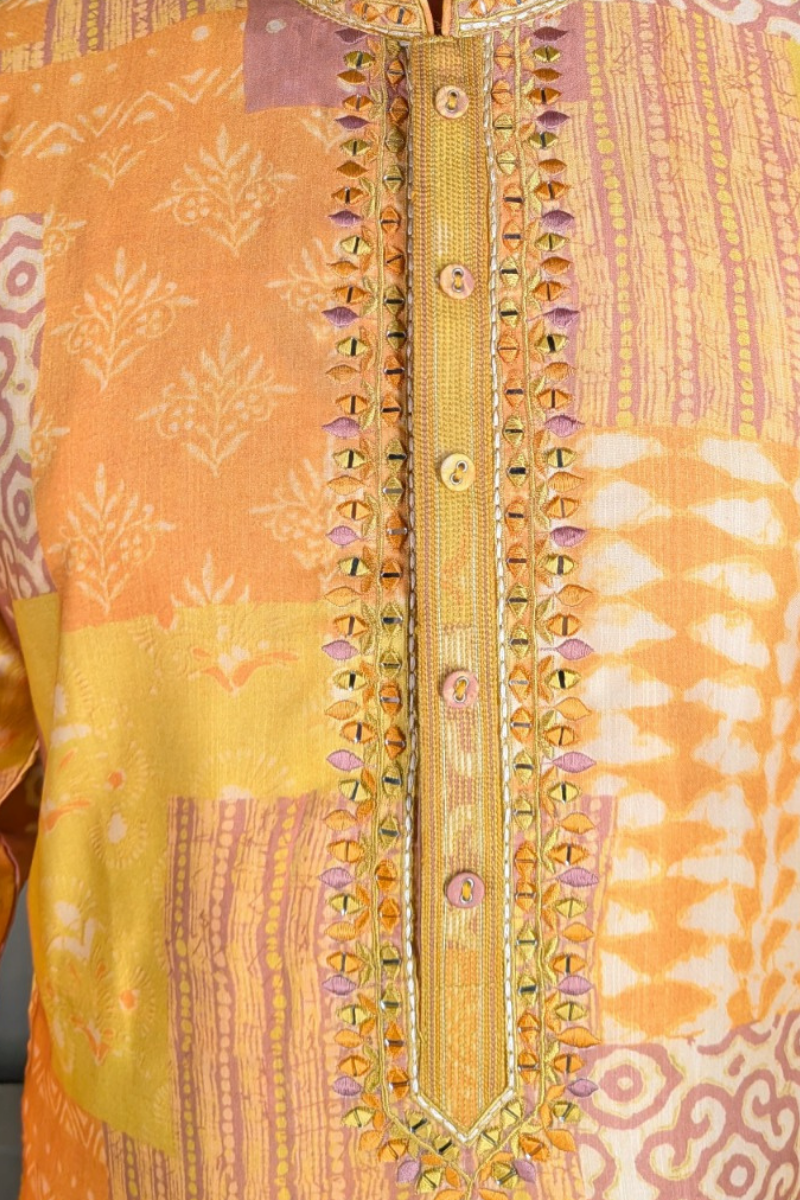 Yellow and brown printed kurta top with embroidered neck