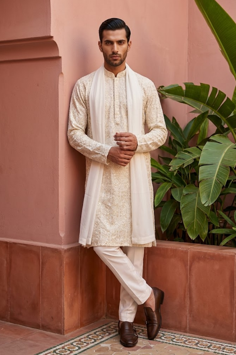 White colour kurta pant  and dupatta with allover thread embroidery