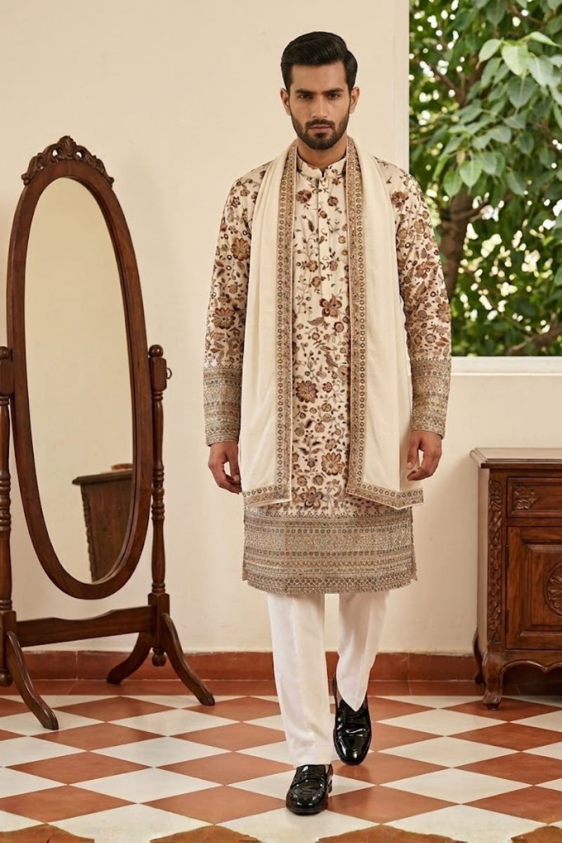 White colour kurta top and dupatta with allover colourful thread work