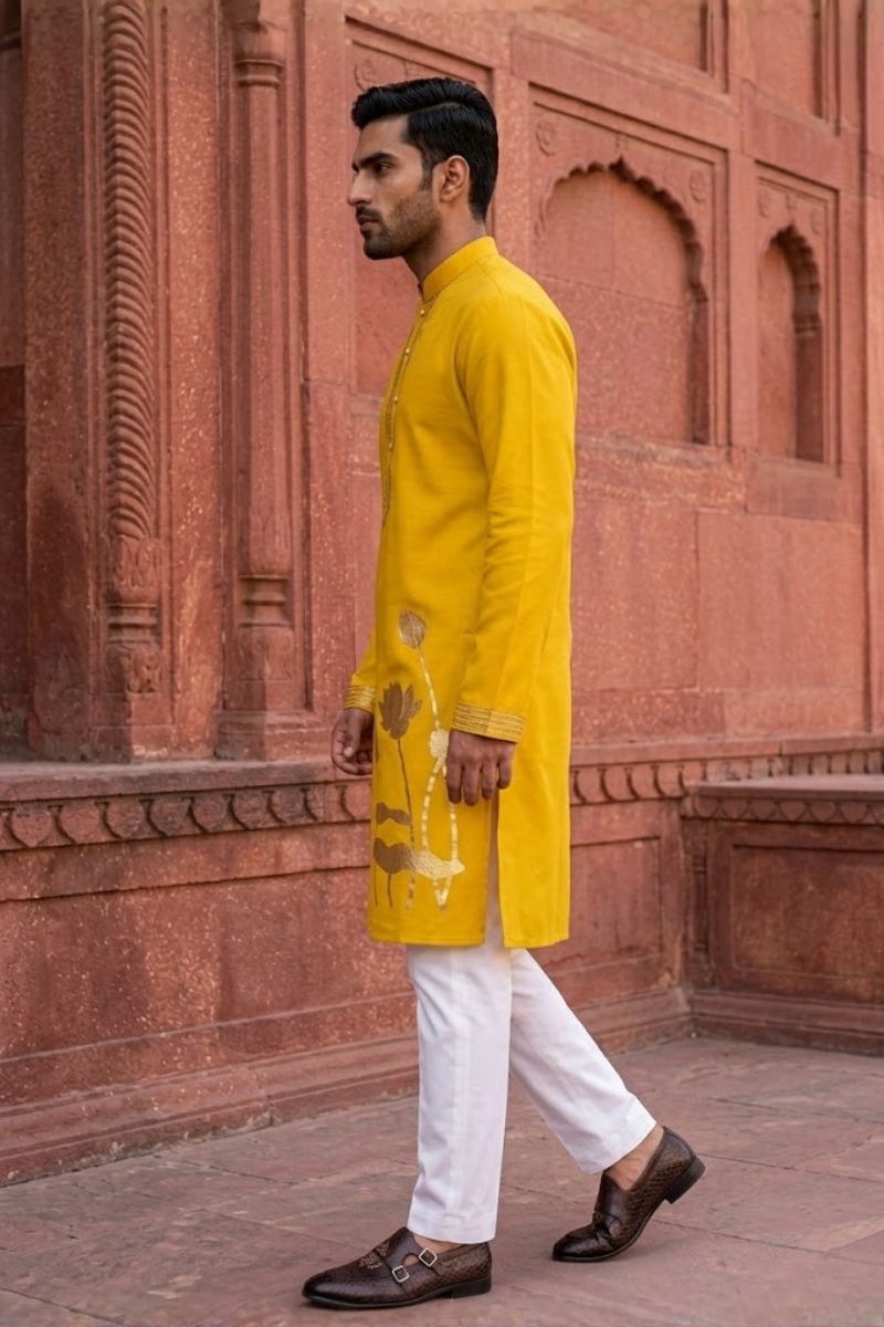 Yellow colour kurta top with sleeves with lotus and hummingbird details and pant