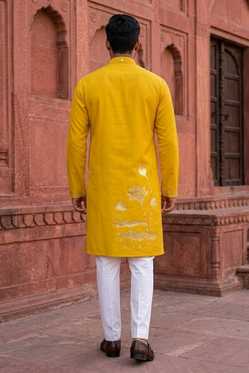 Yellow colour kurta top with sleeves with lotus and hummingbird details and pant