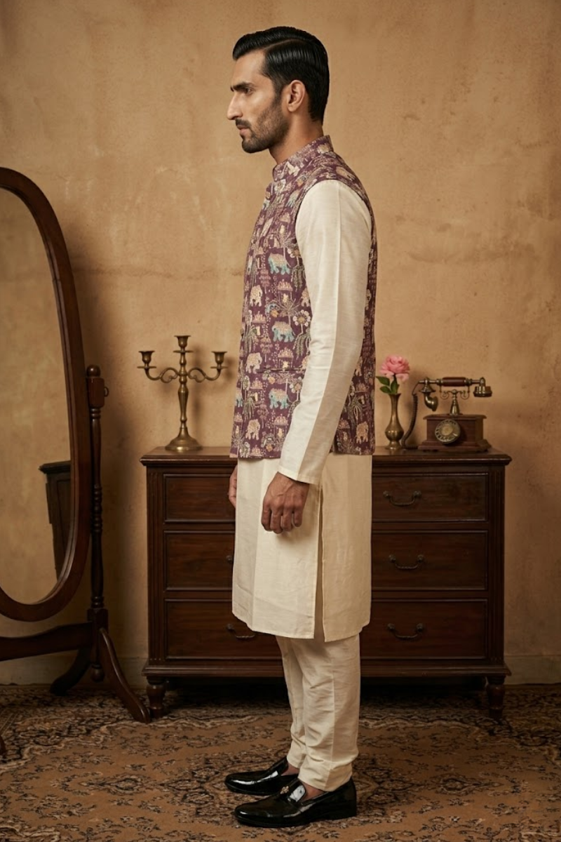 Wine colour half sleeves bundi with allover printed motifs