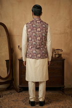 Wine colour half sleeves bundi with allover printed motifs