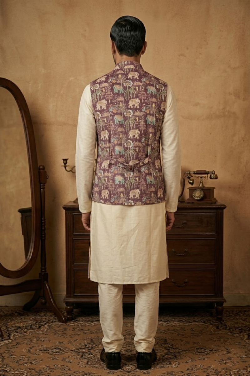 Wine colour half sleeves bundi with allover printed motifs