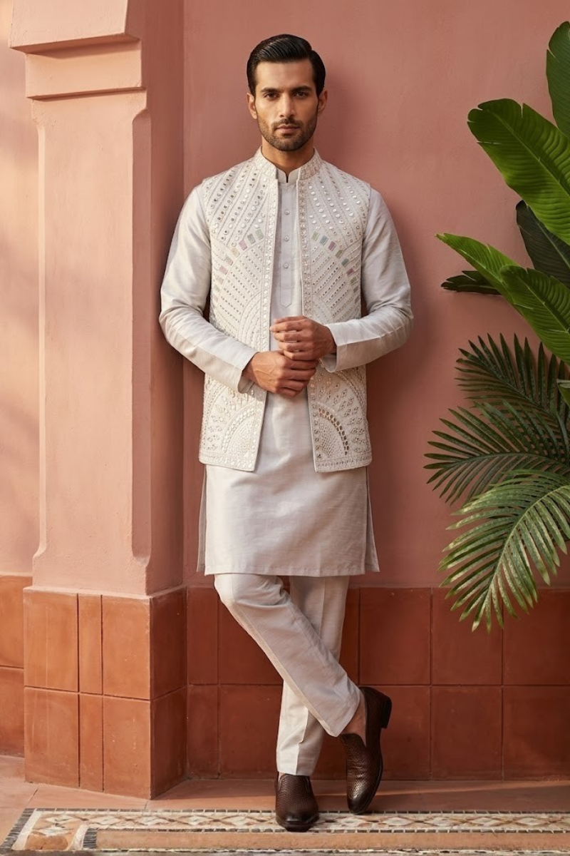 Light grey kurta set with mirror and thread work bundi