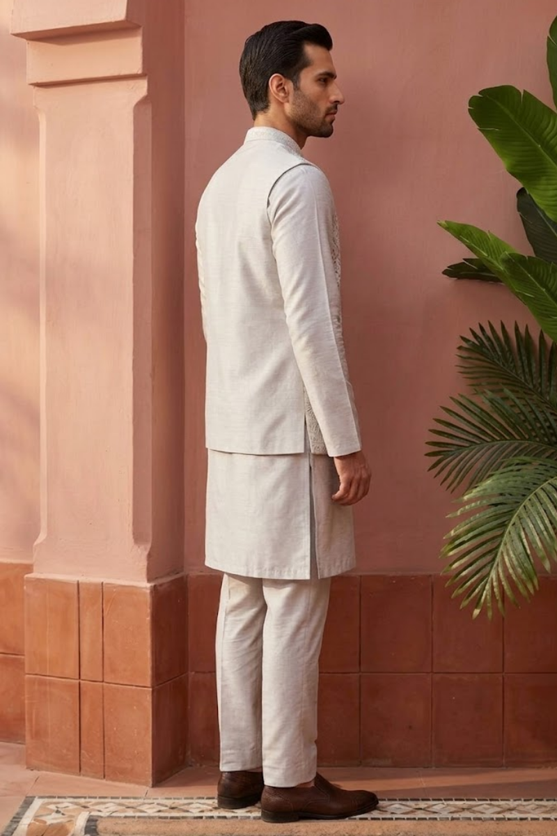 Light grey kurta set with mirror and thread work bundi