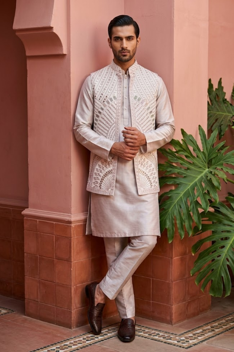 Onion kurta set with mirror and thread work bundi