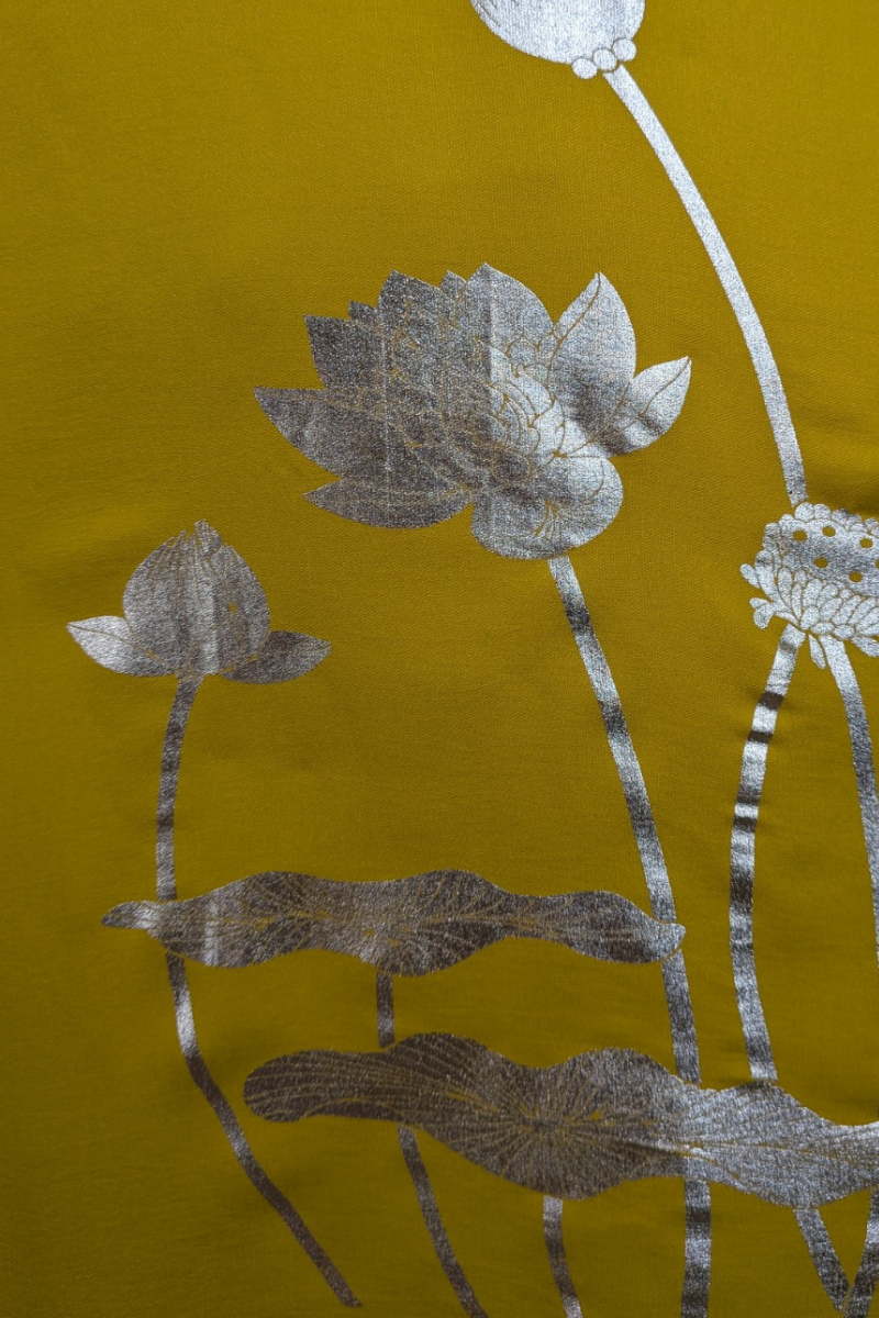 Yellow colour kurta top with sleeves with lotus and hummingbird details