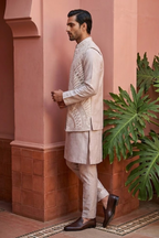 Onion kurta set with mirror and thread work bundi