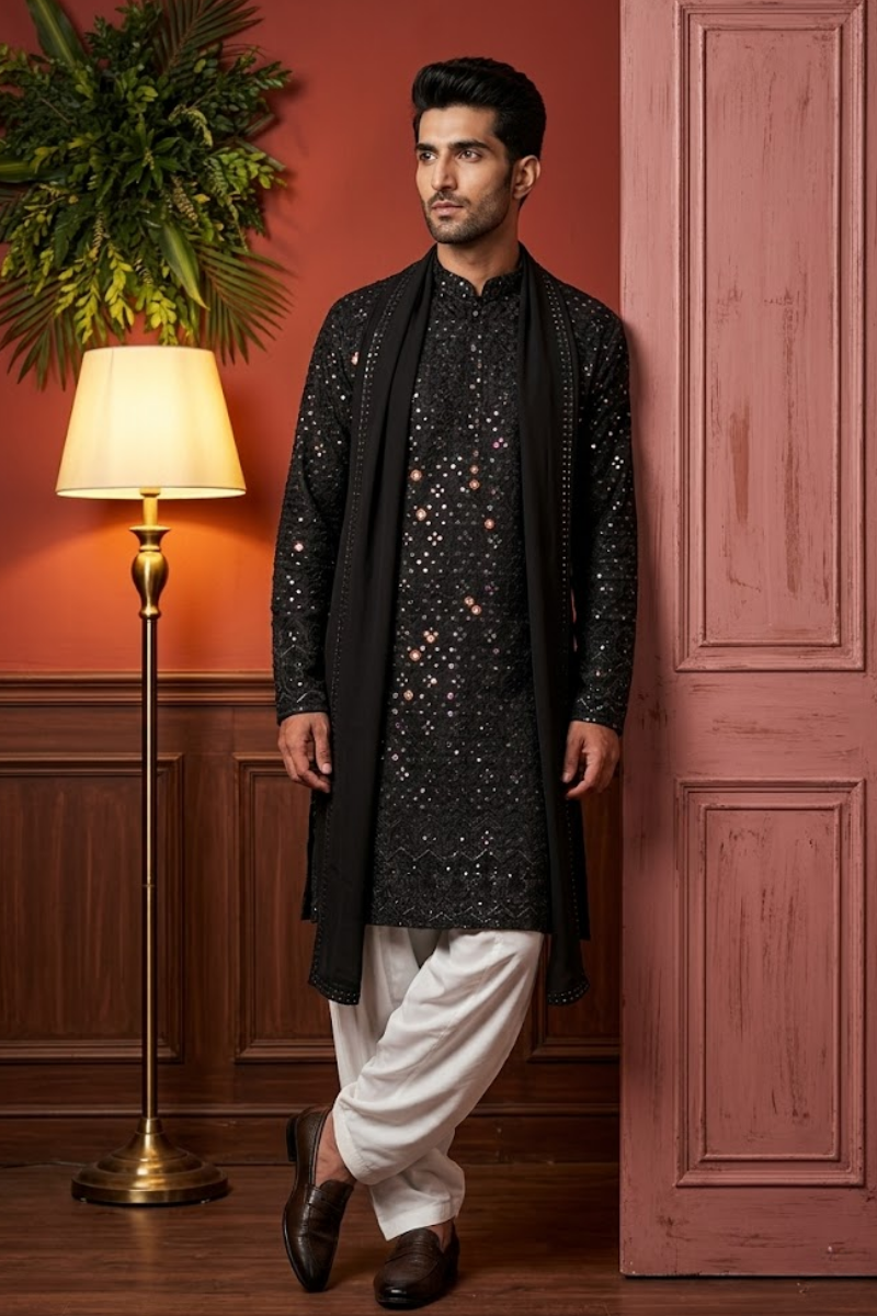 Black Colour kurta pant and dupatta with allover thread and mirror work