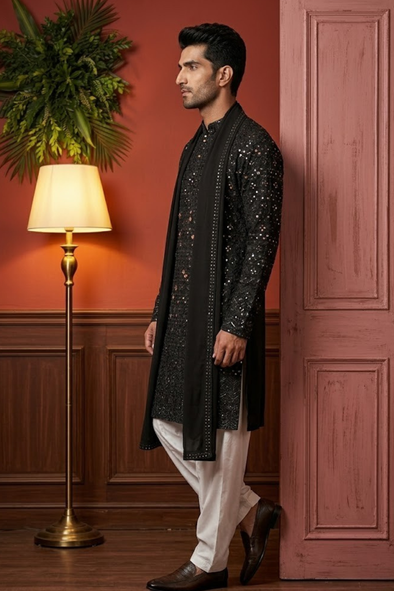 Black Colour kurta pant and dupatta with allover thread and mirror work