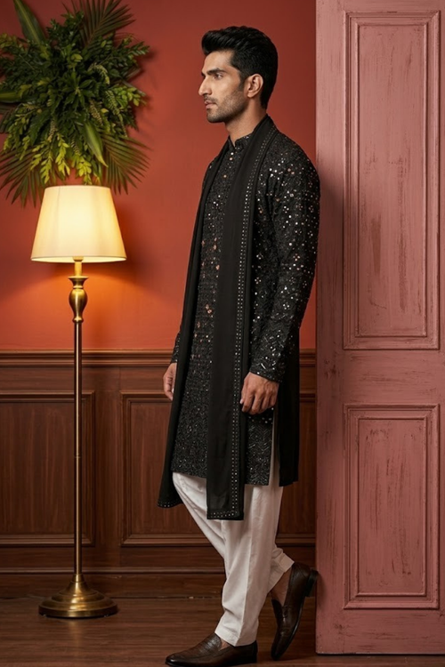 Black Colour kurta pant and dupatta with allover thread and mirror work