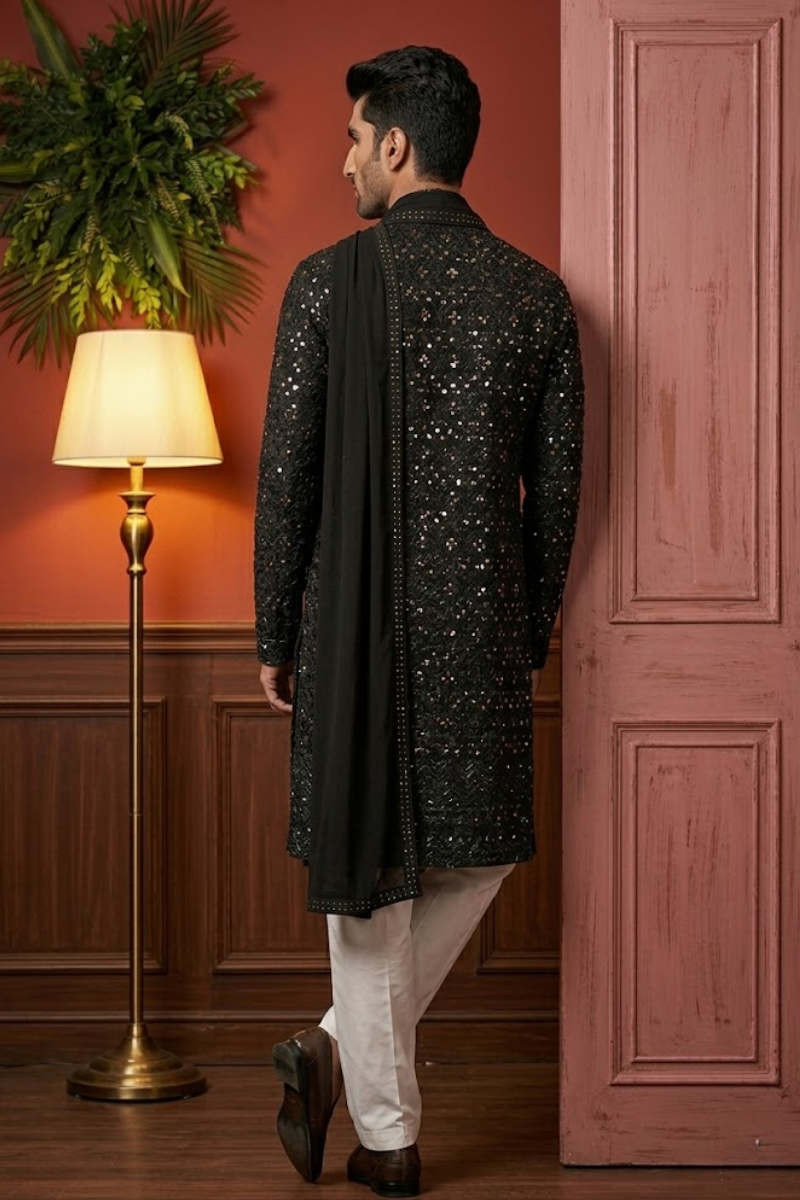 Black Colour kurta pant and dupatta with allover thread and mirror work