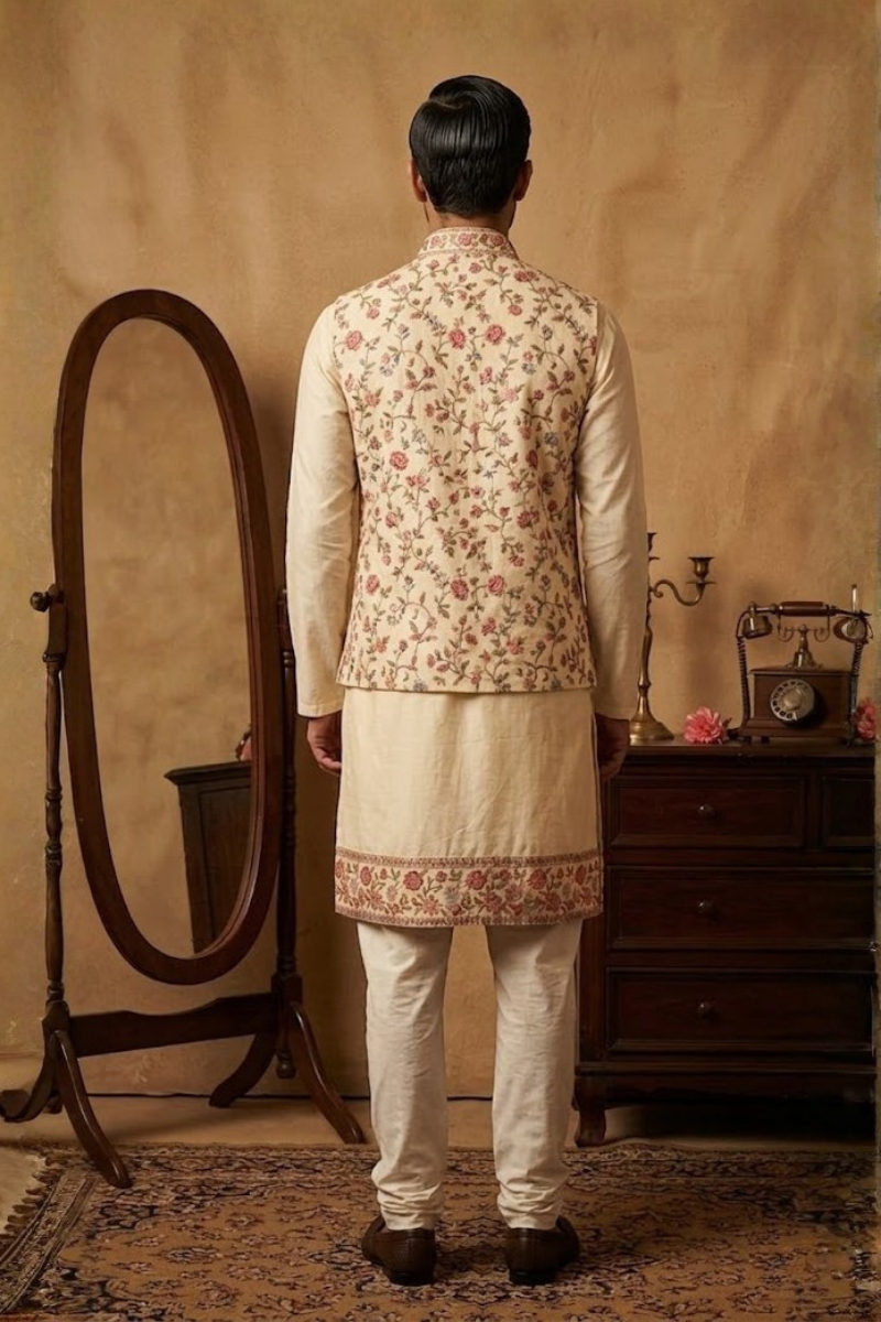 Gold colour kurta pant with colourful thread work bundi