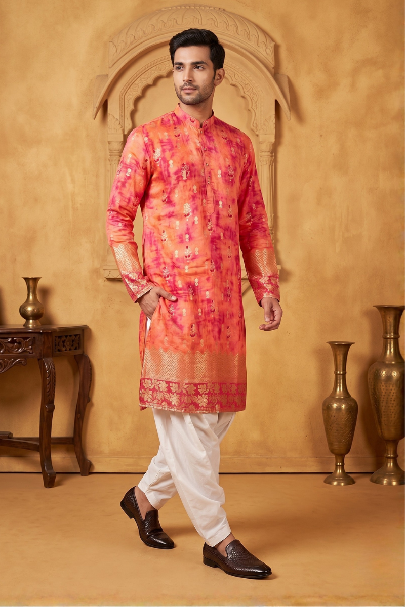 Orange and red colour kurta top with allover floral  printed work
