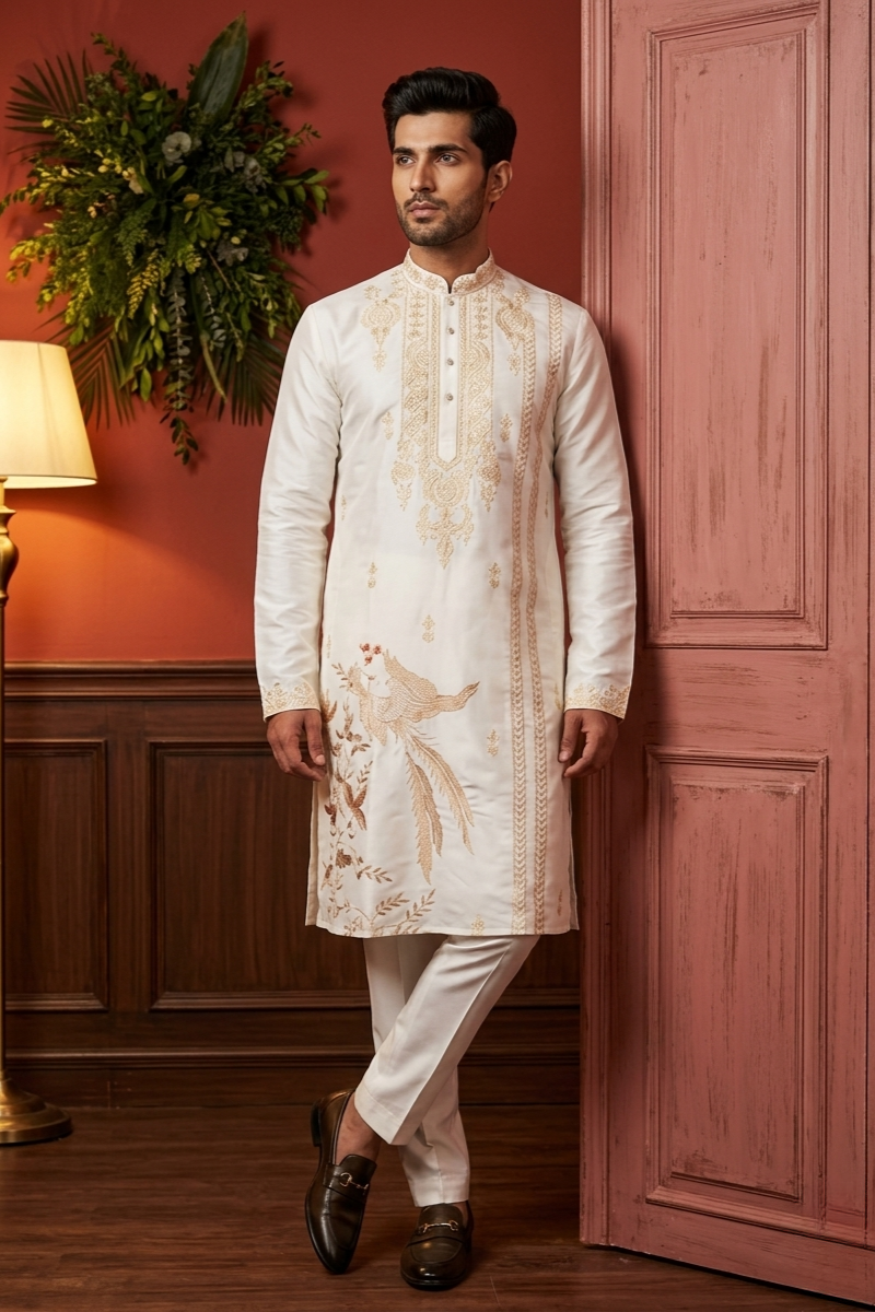 White kurta set with white thread work