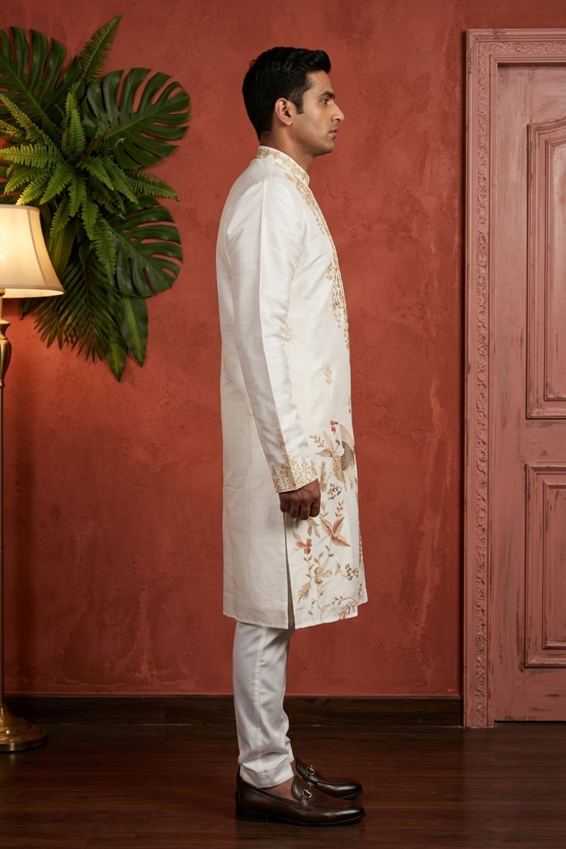 White kurta set with white thread work