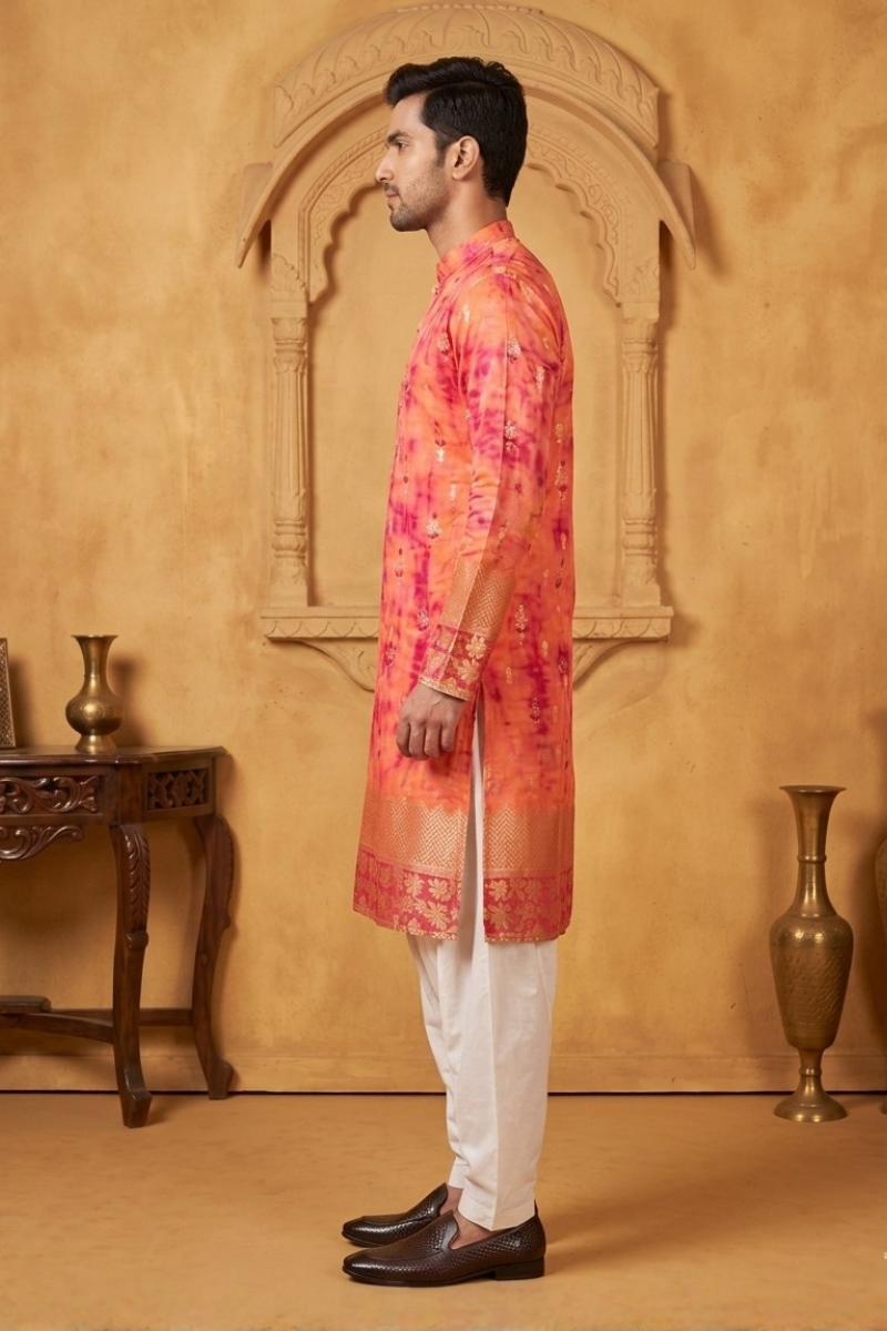 Orange and red colour kurta top with allover floral  printed work