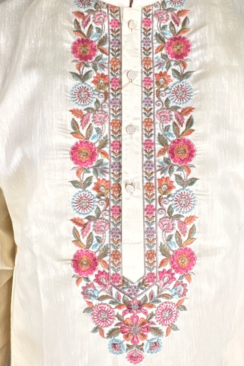 Gold colour kurta top with colourful thread work bundi