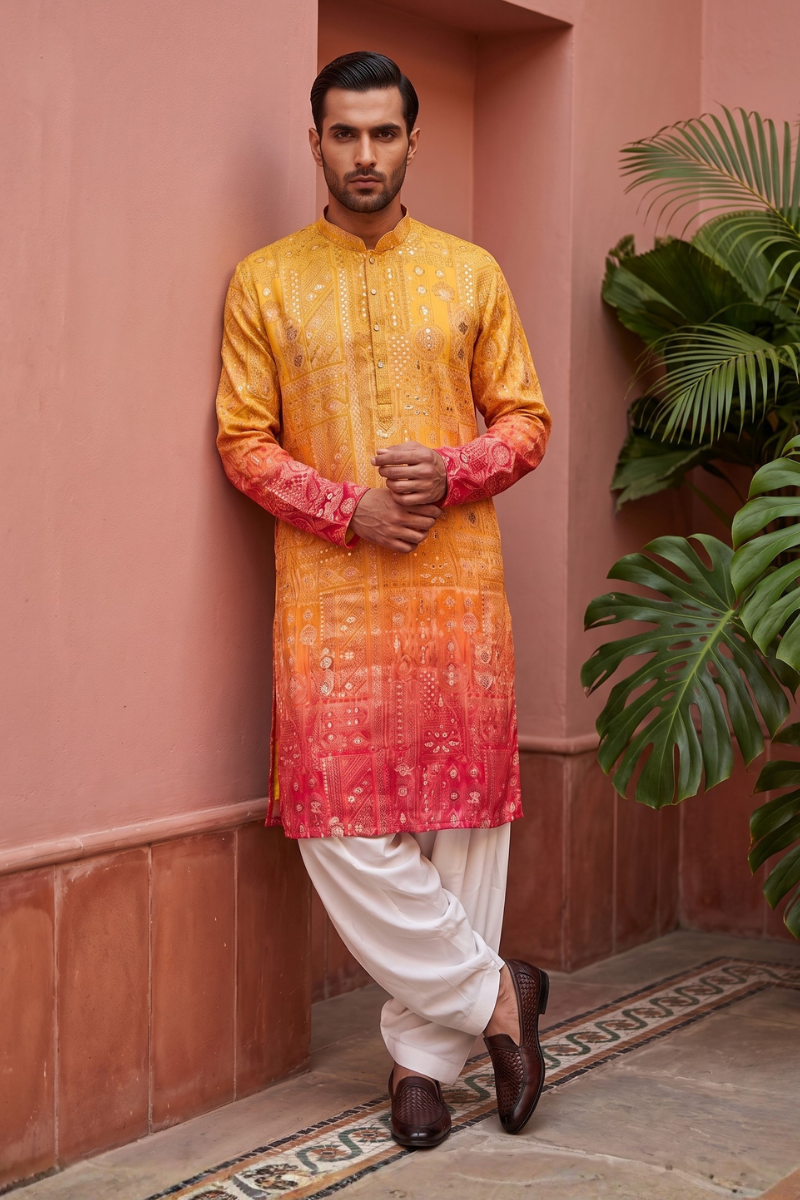 Mango colour kurta top with allover printed work