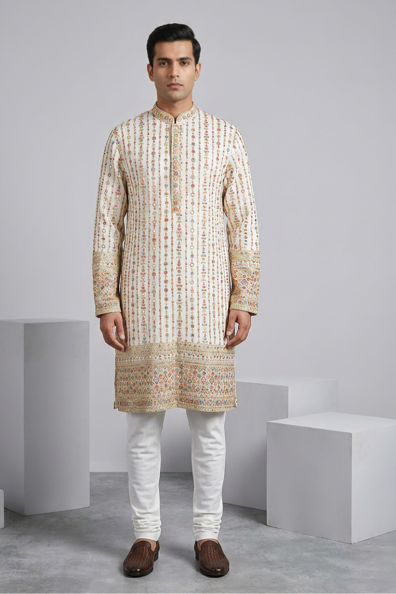 White colour kurta top with thread work and mirror work