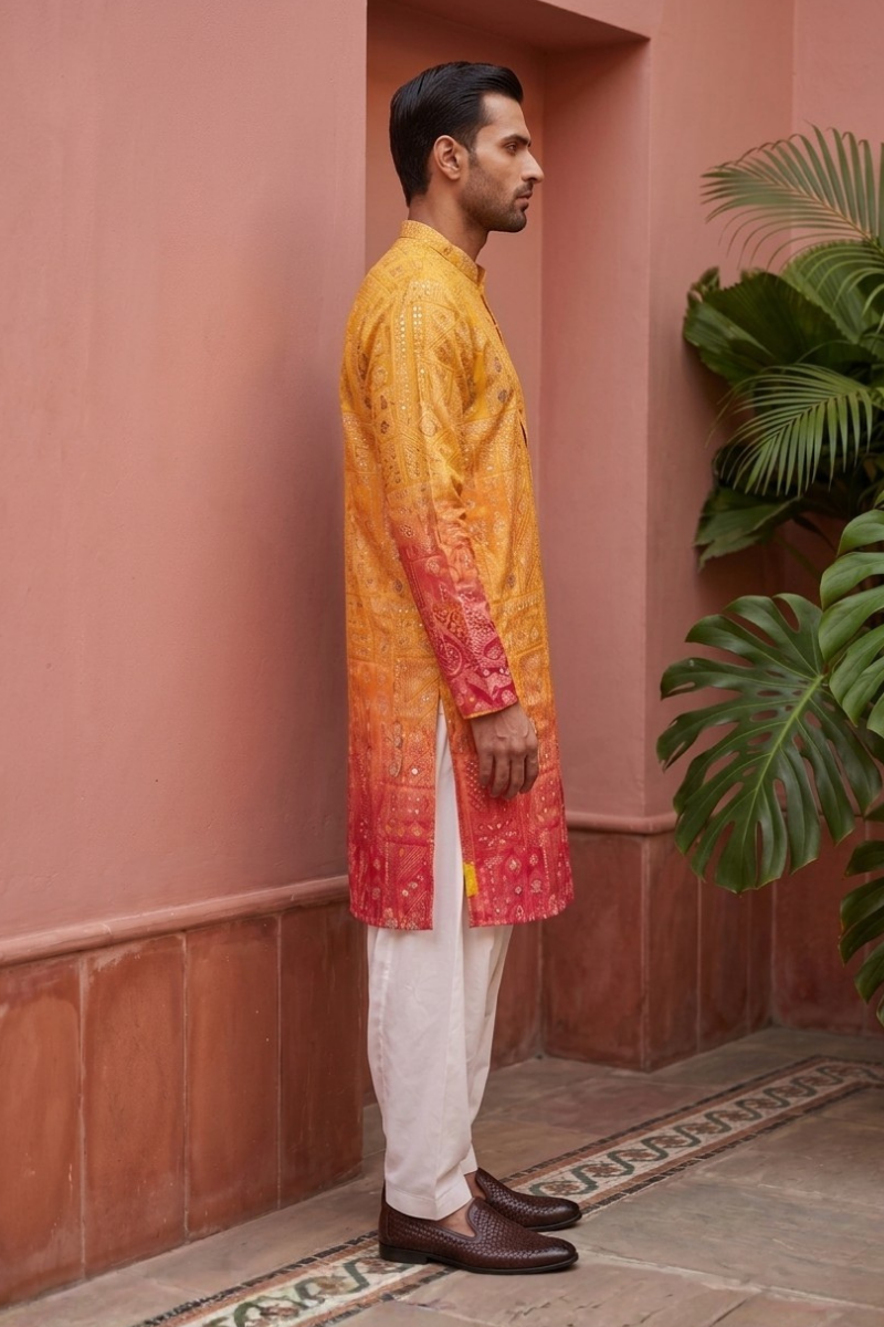 Mango colour kurta pant with allover printed work