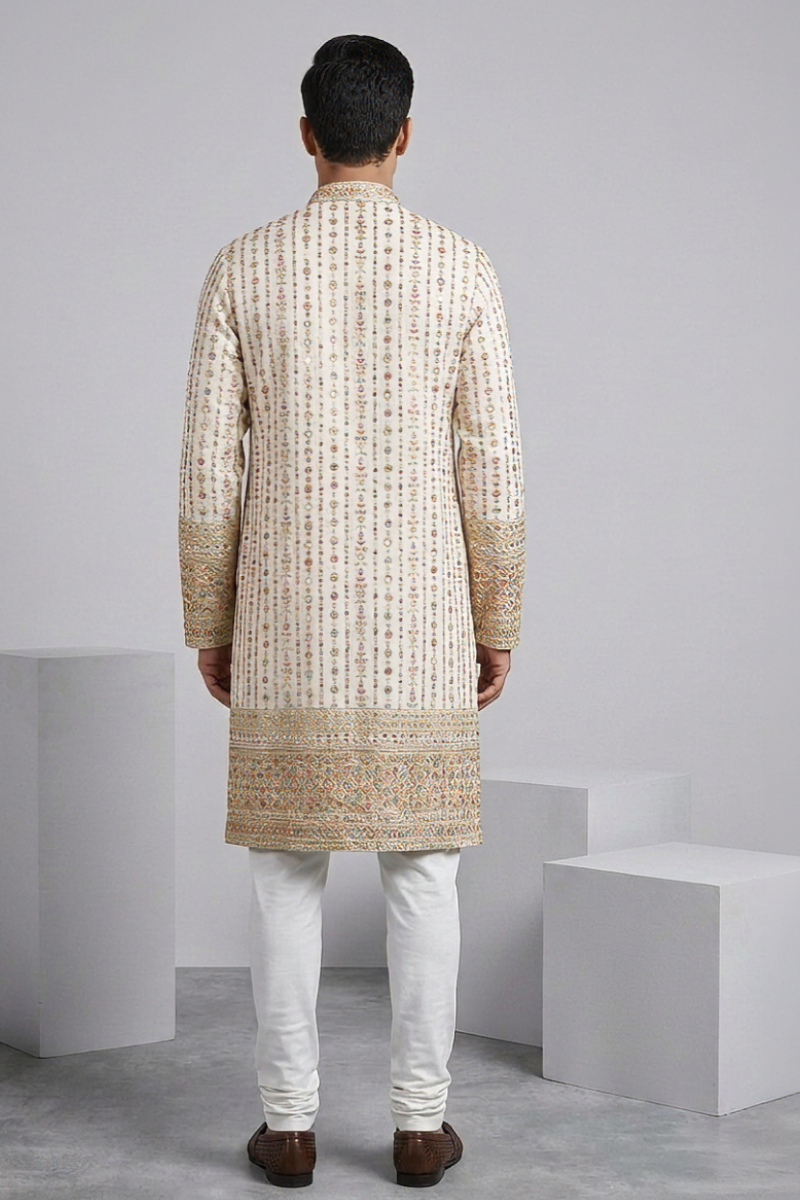 White colour kurta top with thread work and mirror work