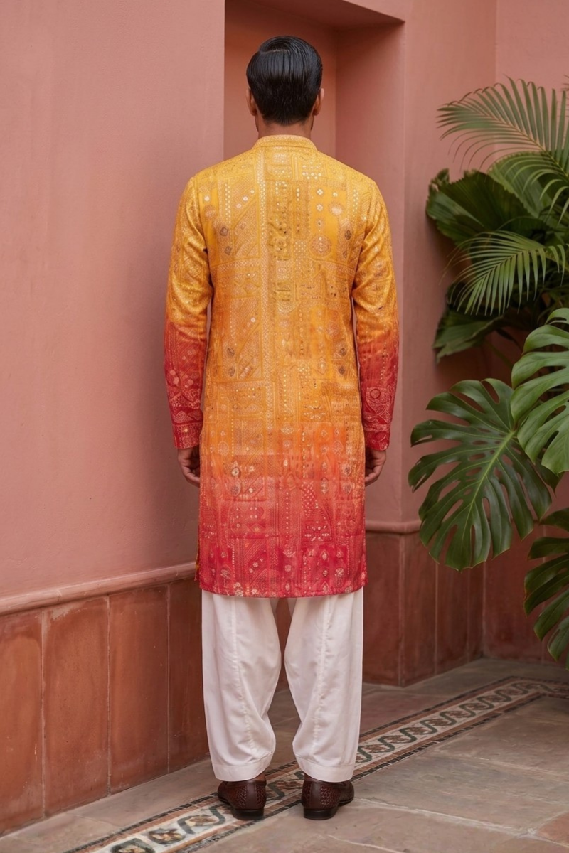 Mango colour kurta pant with allover printed work