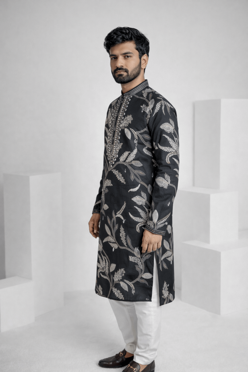 Black colour kurta top with white floral print