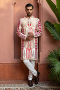 Royal Zari Motif Kurta Ensemble Ethnic kurta likely made of cotton or a similar kurta featuring intricate red and white patterns and embellishments kurta set