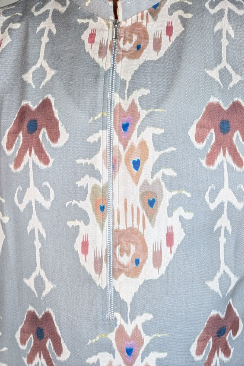 Mehndi color printed cotton blend kurta top with a half zipper