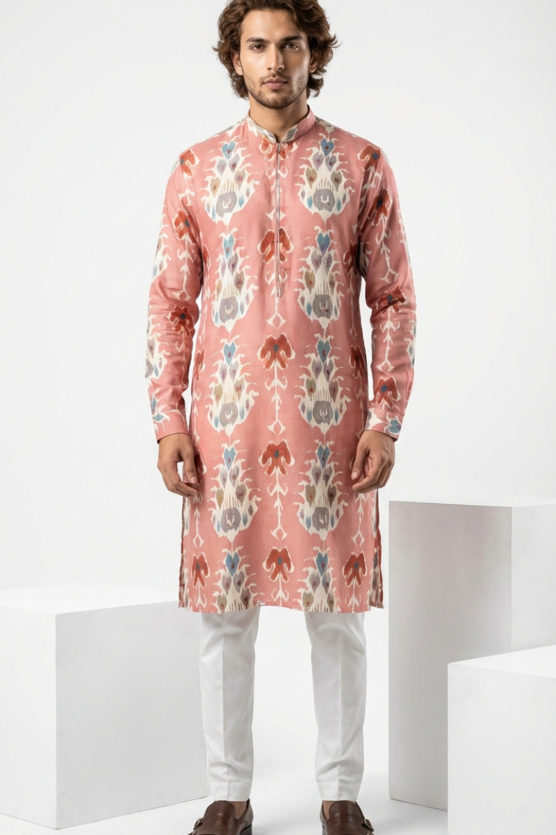 Pink printed cotton blend kurta top with a half zipper